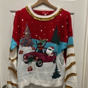 Blizzard Bay Christmas Sweater Women’s L Santa And Reindeer In A Hot Pink Jeep
